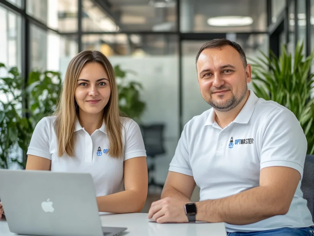Команда OptMaster – чоловік та жінка в офісі. Надійний імпорт, карго-доставка з Китаю в Україну, логістика, митниця.