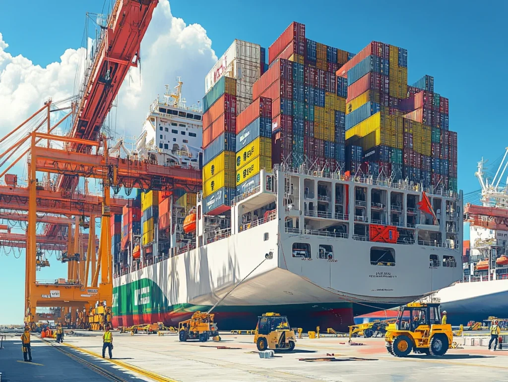 Контейнеровоз з вантажем у порту. OptMaster: доставка товарів з Китаю в Україну, імпорт, логістика, митне оформлення.