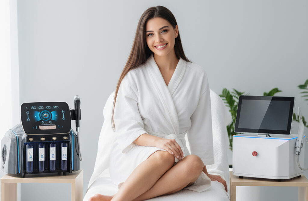 Усміхнена жінка біля косметологічного обладнання. Доставка з Китаю, імпорт, логістика, митниця OptMaster.