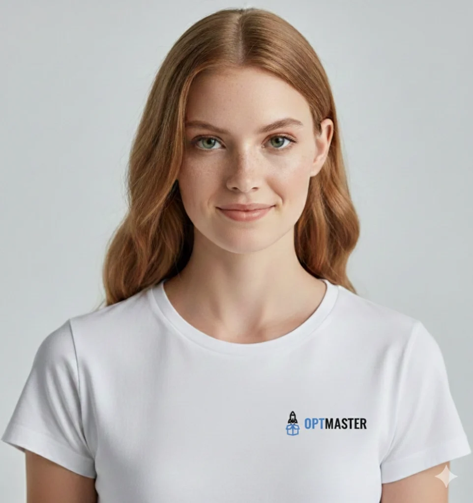 Молода жінка у білій футболці OptMaster. Карго доставка товарів з Китаю в Україну, імпорт, логістика, митниця.